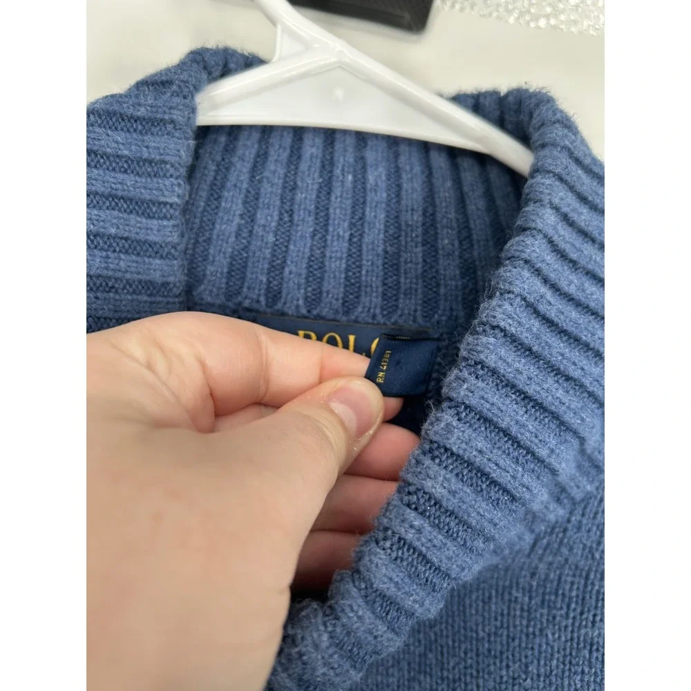 Polo‎ Ralph Lauren Sweater Leather Tab Quarter 1/4 Zip Pullover Blue Knit Mens L